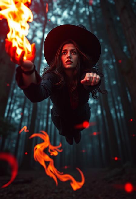 A cinematic wide angle shot of a female, nice witch, powerful spells and and flames emerging from her hand, layered red and purple lines.  eldritch symbols in the background. Everything is happening in a forest. Looking at viewer. She is flying in the air and looking up at the sky, enjoying her power. Use subtle red starburst and bokeh elements, with enhanced volumetric lighting to create a vibrant, high-contrast scene. Ensure the image maintains a surreal, emotionally impactful atmosphere in 8k resolution with intricate skin texturing. Angry. Ultrarealistic. absurdres.. (Flying in the air: 1.3)