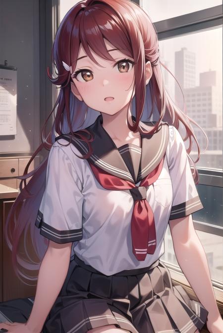 rikosakurauchi, <lyco:rikosakurauchi-lyco-nochekaiser:1>, 
riko sakurauchi, (brown eyes:1.5), hair between eyes, long hair, (red hair:1.5), (small breast:1.2), 
BREAK grey skirt, neckerchief, pleated skirt, red neckerchief, school uniform, serafuku, shirt, short sleeves, skirt, white shirt, uranohoshi school uniform,
BREAK looking at viewer, 
BREAK indoors, classroom, 
BREAK <lyco:GoodHands-beta2:1>, (masterpiece:1.2), best quality, high resolution, unity 8k wallpaper, (illustration:0.8), (beautiful detailed eyes:1.6), extremely detailed face, perfect lighting, extremely detailed CG, (perfect hands, perfect anatomy),