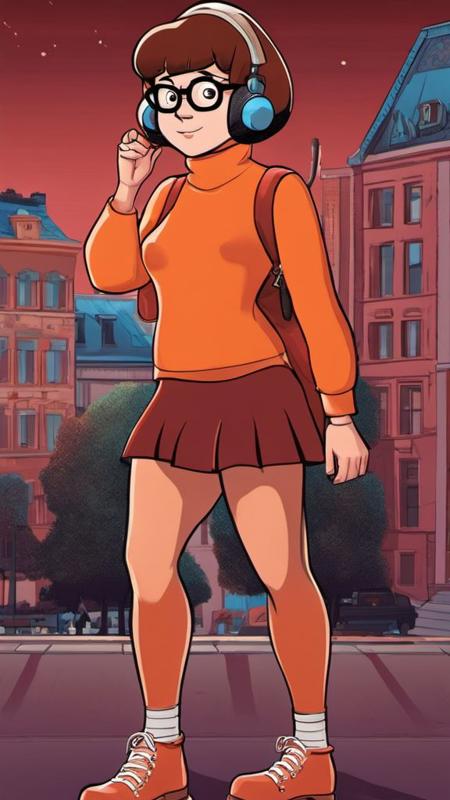 A full body shot if sexy Velma Dinkley as a Lofi Girl <lora:SDXL-LofiGirl-Lora:1>, Very detailed, clean, high quality, sharp image