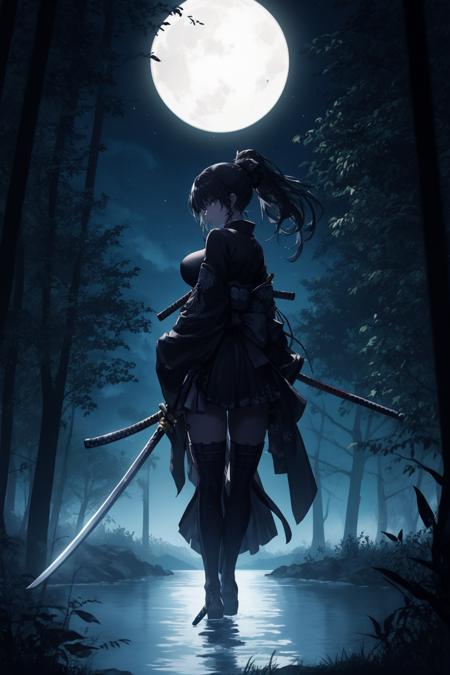 <lora:style shadow-000004:1>,moon, 1girl, weapon, sword, solo, male focus, night, blue theme, full moon, katana, japanese clothes, nature, long hair, tree, standing, night sky, silhouette, holding, sky, holding sword, leaf, sheath, holding weapon, ponytail, outdoors, forest, water, monochrome, star (sky), long sleeves, moonlight,huge breasts, thighs,