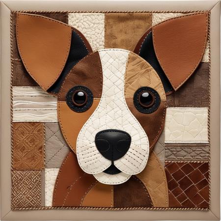 A high-resolution, mixed-media patchwork artwork of a joyful puppy, crafted from an intricate collage of leather and fur scraps. The artwork blends various textures, with soft fur patches forming the puppy’s fluffy ears and muzzle, while worn leather pieces shape its expressive eyes, nose, and playful paws. The stitching is visible, adding a handcrafted, artisanal touch. The background consists of layered, earth-toned fabrics and subtle embossed patterns, enhancing the tactile, rustic aesthetic. The composition is warm and inviting, evoking a sense of craftsmanship and creativity. Style: highly detailed, handcrafted, folk art, mixed-material collage, intricate stitching, earthy color palette. cs-l3ath3r