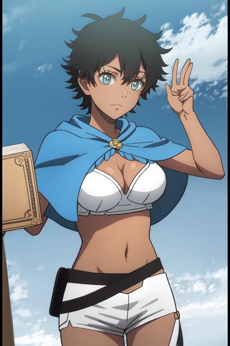 ((best quality)),((highly detailed)),masterpiece,absurdres,detailed face,beautiful face,(detailed eyes, deep eyes),(1girl),((dynamic pose)), <lora:Sol:0.7>Sol, 1girl, breasts, dark skin, black hair, short hair, cleavage, solo, green eyes, dark-skinned female, shorts, midriff, navel, sky, book, city background, cloud, white shorts, capelet, closed mouth, simple background, outdoors, hair between eyes, thighhighs, detached sleeves, bangs, day, medium breasts, looking at viewer, blue sky, standing,crop top,