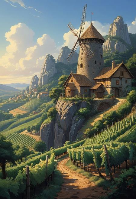 hyperrealistic art  a wanderer between worlds in flowing clothes, (epic landscape:1.5),  (style Ghibli drawing), (style Ghibli painting),best quality, masterpiece, extremely detailed,  professional  art,  professional painting, an extremely delicate and beautiful, dynamic,  great lighting, perfect shading, professional shading, depth of field,   side soft light, elegant, gorgeous, highly detailed,   full shot, uncropped,   pure genious, absolutely perfect,  highly detailed, breathtaking,
Vineyard on steep slate slopes, woodpecker cavity in trunk, horizontal windmill blades,miller adjusting sails , extremely high-resolution details, photographic, realism pushed to extreme, fine texture, incredibly lifelike, Cybernetic flora illustration style, blends plant life with cybernetic elements, dynamic and futuristic composition, professional-grade execution, captures the beauty of bio-mechanical fusion, evokes a sense of innovation and natural harmony