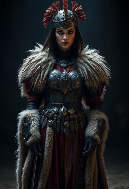 Full shot, standing pose of a Spanish female warrior princess, Alexander McQueen fashion costume, fur, feathers, metal, leather, damask fabric, top soft light, dark environment, highly detailed, melancholic
