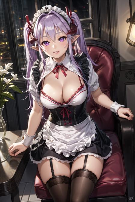 hm_hotengeki, purple hair, hair intakes, hair between eyes, twintails, long hair, purple eyes, demon horns, pointy ears, demon girl, large breasts,  shirt, cleavage, underwear, short sleeves, black thighhighs,black skirt, apron, red ribbon, wrist cuffs, maid, maid headdress, garter straps, black bra, waist apron, lace trim, corset, underbust, lace-trimmed legwear,