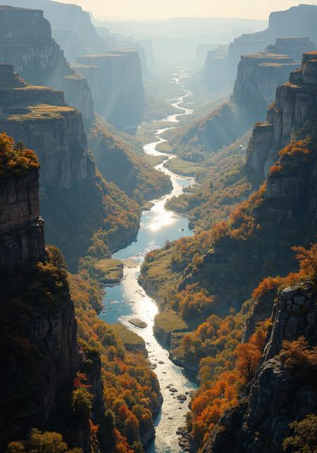 High altitude bird's-eye view of an expansive valley, layered terraced cliffs, shimmering winding river, vibrant autumn forests, and delicate wildflower meadows. Ancient rocky outcrops intersperse serene reflective lakes, atmospheric mist weaving through geometric forms. Dramatic sunrise beams, opulent lighting, intricate stone textures, and radiant water surfaces establish a colossal spatial dynamic with cinematic framing. Advanced 8K resolution, masterpiece quality, evocative color palette, expansive aerial perspective, and refined scenic composition create an unforgettable panorama. <lora:ArtNouveau2Flux:0.4> <lora:VividMidjourneymimic-Flux_v1.0:0.5> <lora:artisketchyfs-v02:0.2> <lora:ck-charcoal-drawing-000014:0.3> <lora:flux_dev:1>