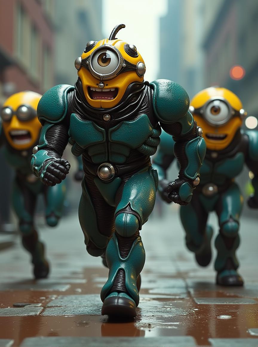 the guyver of biological armor,the Minions laughing and running,covered in high tech armor