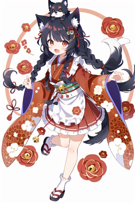 1girl, animal ears, braid, japanese clothes, open mouth, dog, apron, brown hair, dog ears, kimono, bow, on head, long hair, animal, white background, tail, flower, signature, wide sleeves, petals, blush, bell, looking at viewer, animal on head, solo, hair bow, fang, long sleeves, simple background, full body, striped, dog tail, :o, hair ornament, year of the dog, jingle bell,   <lora:cute style:0.5>