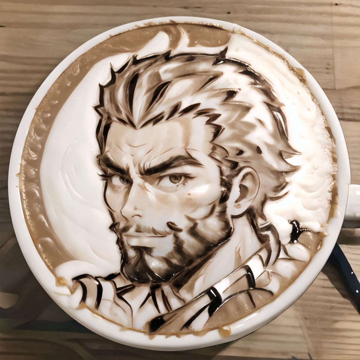 A mug of coffee with a drawing of a man with a wavy hairstyle.