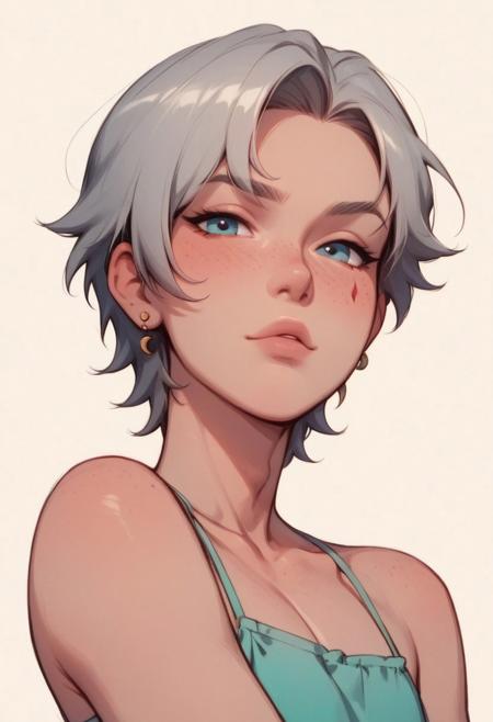 score_9, score_8_up, score_7_up, beautiful femboy inspired by Gin. He has a slim and graceful figure with short, spiky silver hair and large, bright blue eyes. His fair skin is dusted with freckles across his nose and cheeks, and he has a small, crescent-shaped scar on his right cheek. His style is light and airy, featuring flowing, loose-fitting clothing in pastel blues, mint green, and lavender, with accents of silver and white. He wears delicate silver jewelry and soft fabric belts. He is playful and energetic, enjoys spending time in nature, experimenting with new recipes, and painting, suggestive, erotic pose