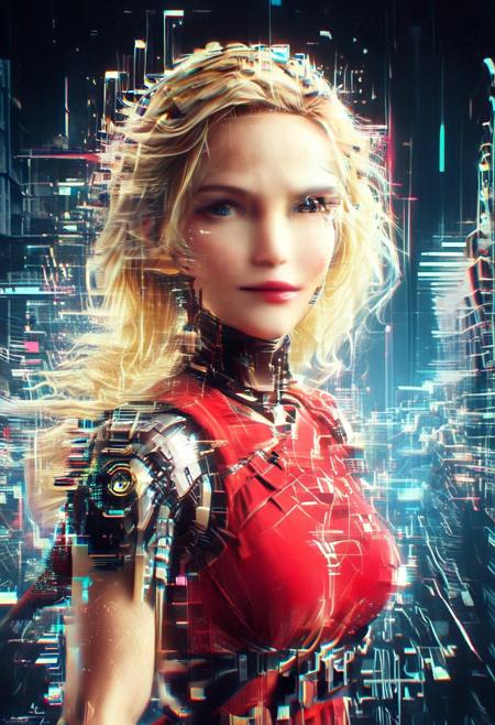 (glitch:1.7), (flickering:1.4), (digital:1.7), portrait, 1girl, close up, score_9, score_8_up, score_7_up, score_6_up, score_5_up, score_4_up, UHD, 8K, masterpiece, detailed, ultra_high_resolution, lots of detail, OverallDetailXL, detailxl, Masterpiece, 32k, photorealistic:1.4, score_9, score_8_up, score_7_up, European, blonde, ginger streaks, long hair, (small waist:2), fitness body, toned muscles, slender legs, high cheekbones, oval face, 32 years old, realistic, blue eyes, Masterpiece, 32k, photorealistic:1.4, blonde, smiling, sexy pose, colorful clothes, bustle dress, fully dressed, (red dress:2), hands hidden, flat color, no lineart, Cyborg Samurai, teletext page.
