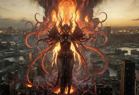 4 wings made of smoke, tentacles coming from arms, glowing hair, spike hair, female giant, female giant, small breasts, perky breasts, glowing horns, lava, bones, horns, multiple horns, multiple heads, multiple eyes, perfect breasts, slim, giant, giant humanoid, skinless monster, city, destroyed city, ruined city, steam coming from the monster, lots of steam, bleakfaith,gigantic glowing cloud,lying between floating omnistructures,surrounded by clouds,science fiction,panorama of a metropolis below,highly detailed, sharp definition ,cinematic,50nm dof,bokeh,realistic,sharp focus,ultra detailed,128k uhd,awardwinning,trending on artstation, <lora:bleakfaith-000004:0.8>, <lora:add-detail-xl:2>,<lora:RMSDXL_Creative:2>, worlds of galaxies, fantasy portal to far universe, dramatic light, faded sunrise, cinematic lighting, shattered, angle-forward, direction on Artstation, 4k, hyper-realistic, pixelated, Unreal Engine 5, cinematic, masterpiece, art by Studio Ghibli, intricate artwork by John William Turner