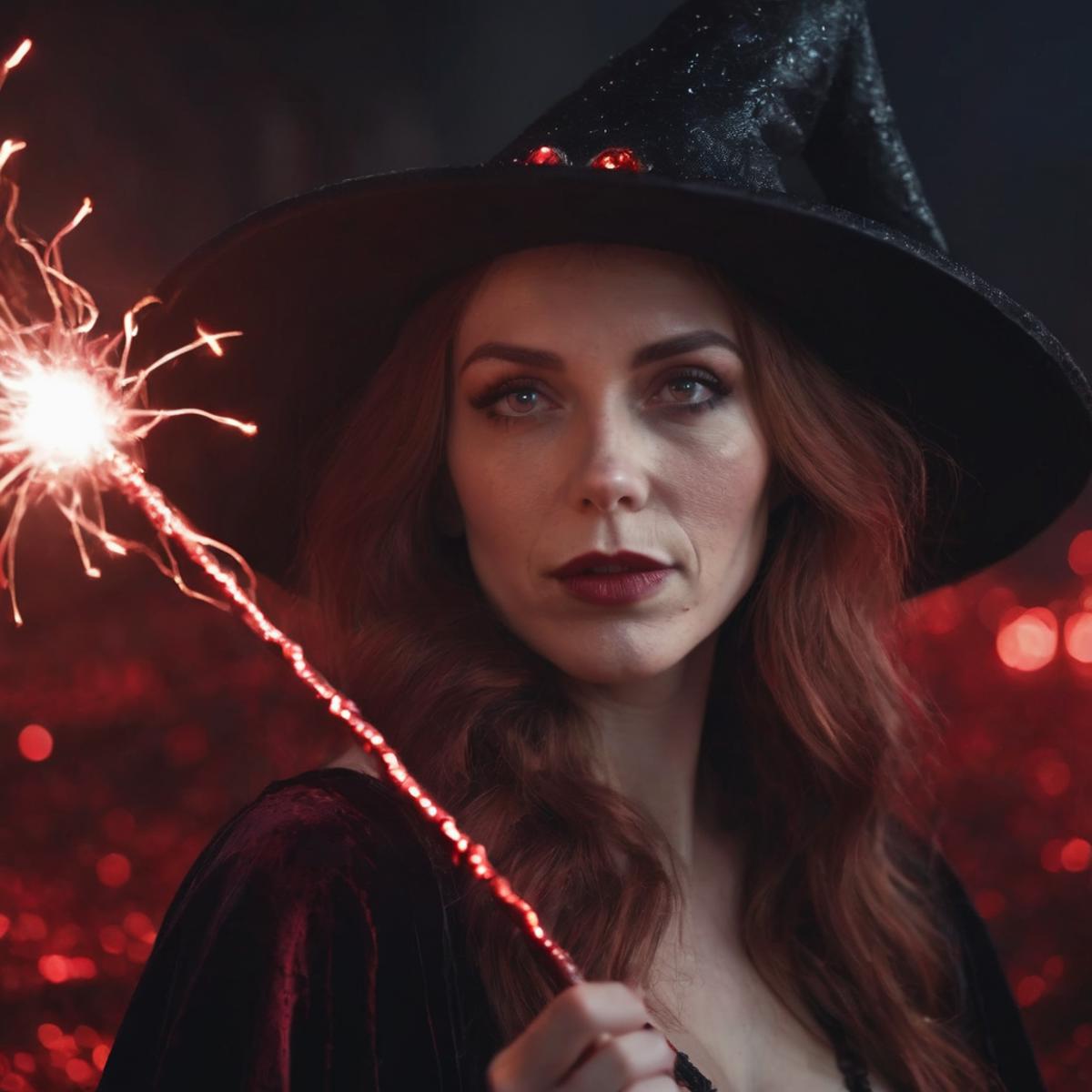 photograph close up portrait of a sexy witch, red crystals on the ground, holding a magical staff with electrical current,...