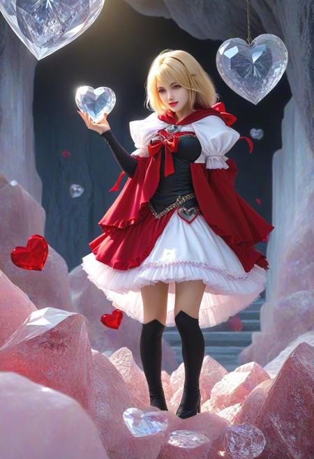 score_9, score_8_up, score_7_up, score_6_up, SFW, PG, valentines, adult woman, blonde hair, heart gems, woman is shining like a gem, masterpiece, best quality, ultra high res, beautiful, visually stunning.
riding red hood, hood down, mini skirt, white frilly underskirt, hair red bow.
(gifts and heart gems:1.5).
(her staff of love in her hand:1.5)
(cave background, crystal world,:1.5)
rp_slgd