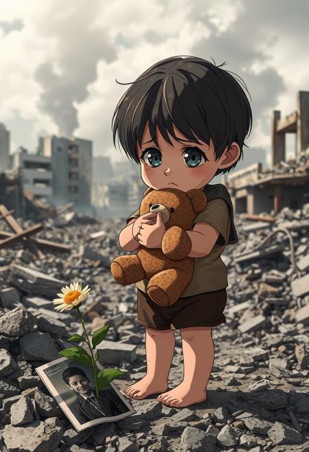 In anime style
A tearful child,  clutches a worn teddy bear tightly, standing alone in the rubble of a war-torn city. Soft natural lighting highlights the child's expression of fear and confusion. The background shows collapsed buildings, smoke rising in the distance. A single flower grows through the debris near the child's bare feet. The child's clothes are tattered and dirty. A discarded family photo lies partially visible in the rubble nearby. The sky is a somber gray. Captured with a high-end digital camera, shallow depth of field focusing on the child's eyes, high detail and resolution, muted color palette except for the bright flower and the child's eyes. emotional impact, raw and unposed.