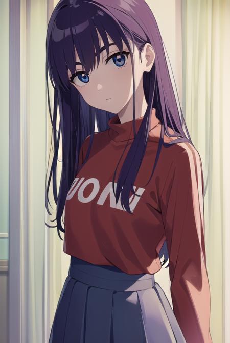 eri ninamori, skirt, purple hair, (black eyes:1.3), long hair, sweater, red sweater, long sleeves, skirt, black skirt,