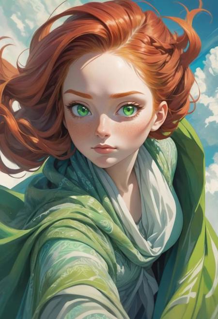 artistic portrait woman, looking at the viewer, (beautiful detailed face:1.4), beautiful long redhead abstract hairstyle, chubby face, green shawl clothings, strange, in the sky, free fall view from above, blue and white, (vibrant light:1.4), (shadow detailed:1.2), (highly detailed:1.4), anime style, speed art, abstract artistic brush strokes, (beautiful and aesthetic:1.4), masterpiece, realistic surrealist, (surrealist artistic work:1.4), (fisheye:1.6)