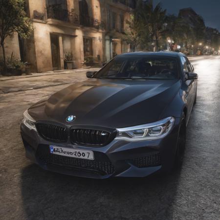 bmw m5 on a dark city street at night with lights in the background, (night:1.1), 8k uhd, hdr, high quality, cinematic lighting, 4k, 8k, (ultra-realistic:1.1), high-resolution, shot on Canon 5D, DSLR, 28mm, bokeh <lora:bmw_m5:1>