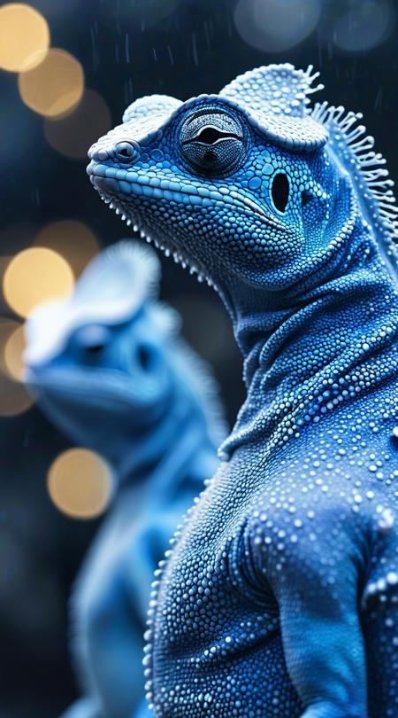 Chromatic chameleons, creating a virtual reality, Twilight blue, torrential with non-stop rain, crisp winter whites, bokeh background blur effect, bust shot upper torso, romantic soft textures, billowy smoke wisps, selective color pop, panoramic wide scope, sharp silhouetted profiles.