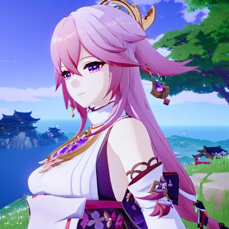 PURPLE EYES genshin-yae-miko long hair pink hair