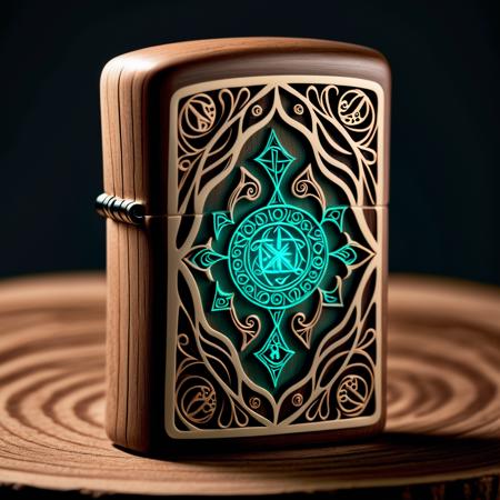 product photography , An intricately carved Zippo made from a single piece of enchanted wood, adorned with mystical symbols that seem to glow faintly in the dark, carved:0.8, enchanted:0.9, mystical:0.7, symbols:0.7. <lora:zippo:1.0>