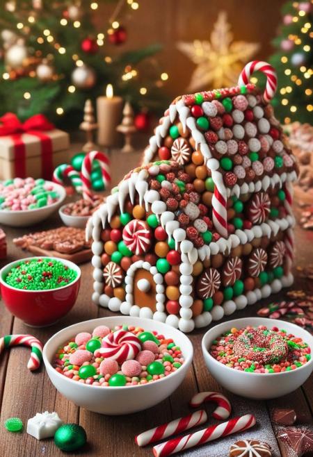 CHRC4ND7, cozy kitchen scene where Christmas cookies and candy are being made. Bowls of sprinkles, melted chocolate, and candy canes are scattered on the table, and a gingerbread house in progress stands in the center, surrounded by holiday cheer<lora:Christmas_Candy:1>