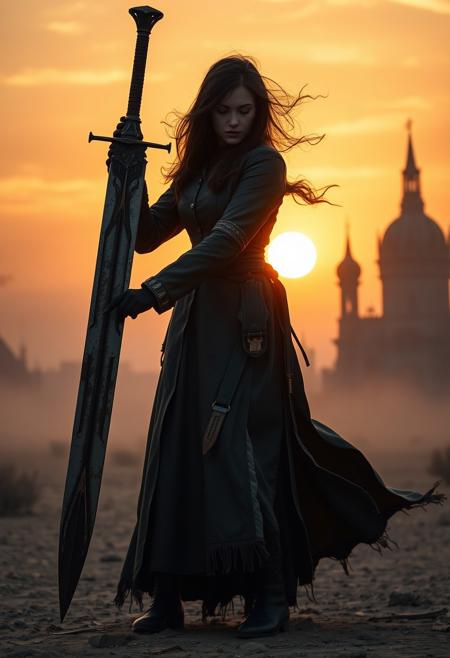 A powerful woman wielding a massive, old, and rusty sword resembling the iconic one from bloodborne. The scene is set during an eerie sunset, where swirling dust and wind cause her leather bloodborne longcoat to billow dramatically. The gothic architecture of prague and yharnam loom behind her. The setting evokes a sense of mystique and tension. The bloodborne hunter stands tall, the rusted sword adding a gritty, ominous vibe. The sun's orange and gray hues blend into the sky as her tattered habit flutters. The atmosphere is cinematic, with hyper-realistic detail, soft shadows, and an intense, otherworldly mood in a desolate desert landscape.