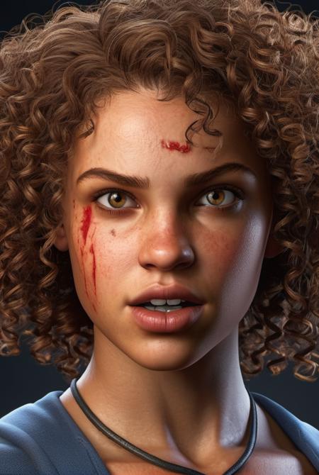 Fighting game style (RAW photo, best quality), (realistic, photo-realistic:1.4), masterpiece, a girl with curly hair, in the dark, detailed pupils, textured skin, skin blemish, Pixar . Dynamic, vibrant, action-packed, detailed character design, reminiscent of fighting video games