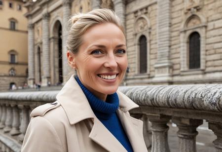 A single, hyper-detailed, ultra-high-resolution (8K) portrait of a 40-year-old woman with sleek blonde hair tied back. Real Face, natural teeth, no plastic face, subtle wrinkles,natural warm  skin texture, Her striking blue eyes, natural laugh lines, and subtle wrinkles convey a grounded, elegant charm. She wears a tailored beige trench coat layered over a soft cream sweater and fitted jeans. She stands confidently alone near a classic stone balustrade in Florence, with the majestic dome and intricate marble façade of the Duomo (Santa Maria del Fiore) rising behind her, bathed in warm, late afternoon Tuscan light. The image is composed with a shallow depth of field, focusing on her expression and presence while gently blending the iconic Renaissance architecture in the background.