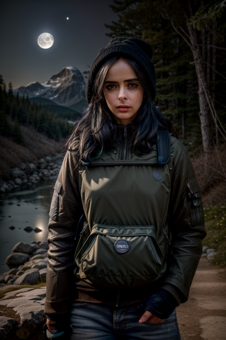 1girl, jessicajones, long hair, black hair, ((upper body selfie, happy)), masterpiece, best quality, ultra-detailed, solo, outdoors, (night), mountains, nature, (stars, moon) cheerful, happy, backpack, sleeping bag, camping stove, water bottle, mountain boots, gloves, sweater, hat, flashlight, forest, rocks, river, wood, smoke, shadows, contrast, clear sky, analog style, (look at viewer:1.2), (skin texture), (film grain:1.3), (warm hue, warm tone :1.2), close up, cinematic light, sidelighting, ultra high res, best shadow, RAW, upper body, wearing pullover  <lora:JessicaJonesV2:1>