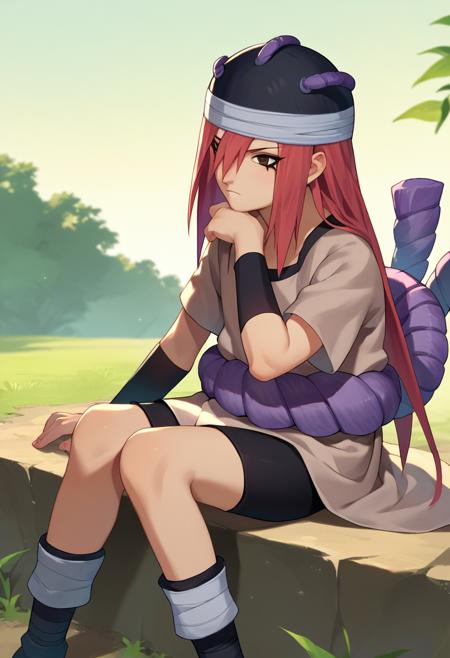 tayuya, red hair, long hair, brown eyes black headwear, tan tunic, purple rope belt, black shorts, arm warmers tayuya, red hair, long hair, yellow eyes, white horns, dark skin