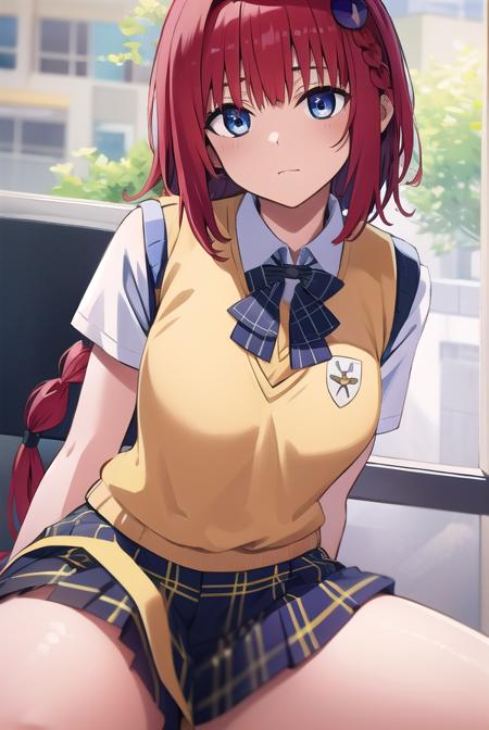 meakurosaki, <lyco:meakurosaki-LYCORIStest:1>,
mea kurosaki, ahoge, blue eyes, braid, hair intakes, hair ornament, long hair, red hair, hair braid,
BREAK green skirt, plaid, plaid skirt, sainan high school uniform, school uniform, skirt, shirt, white shirt, sweater vest, (yellow sweater vest:1.5),
BREAK looking at viewer,
BREAK indoors, classroom,
BREAK <lora:GoodHands-vanilla:1>, (masterpiece:1.2), best quality, high resolution, unity 8k wallpaper, (illustration:0.8), (beautiful detailed eyes:1.6), extremely detailed face, perfect lighting, extremely detailed CG, (perfect hands, perfect anatomy),