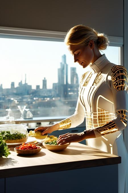 A highly detailed mother in her kitchen preparing meal, window sunny day, happy, 
  , <lora:edgFuturisticXL:1> EDGFUT_CLOTHING, WEARING EDGFUT_CLOTHING, NEONS, ELECTRIC CIRCUITS,, white and brass science fiction hovering industrial luxury car by a downtown hotel, science fiction, cinematic lighting, night time, volumetric light, imax, dslr, highly detailed, volumetric fog, dystopian vibes, dutch angle, cinematic angle