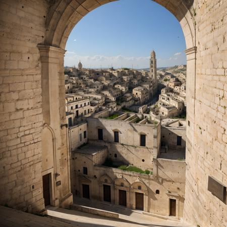 documentary photo of Cathedral of Matera with bell tower. Cityscape.