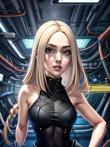 close-up portrait photo of ( 4v4M4x, (blonde hair), (long hair), (brown eyes), makeup), (in a futuristic datacenter)++, masterpiece++, (extremely detailed)++, (beautiful face)++, (detailed face)++, (beautiful body), gorgeous, (sexy pose), 4k+, UHD