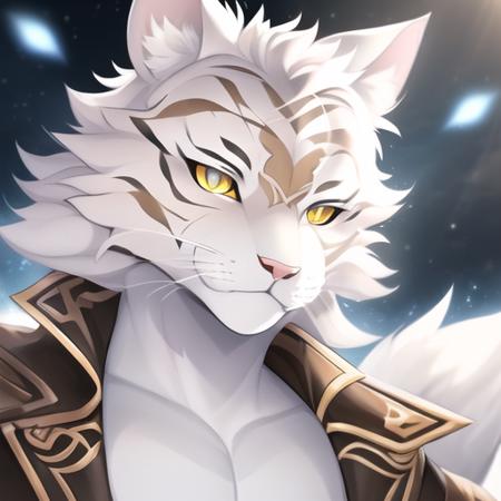 a happy furry fandom male Khajiit, white brown male tiger, big nose, (round iris), wears an open jacket, close up, (masculine), white brown fur, star shape pattern on fur, (bright eyes), looks to viewer, detailed fur. Early morning with dark clouds.