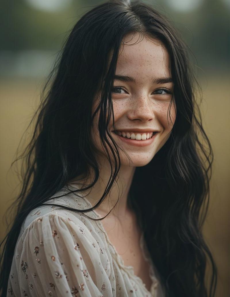 A girl with freckles and curly hair is smiling at the camera.