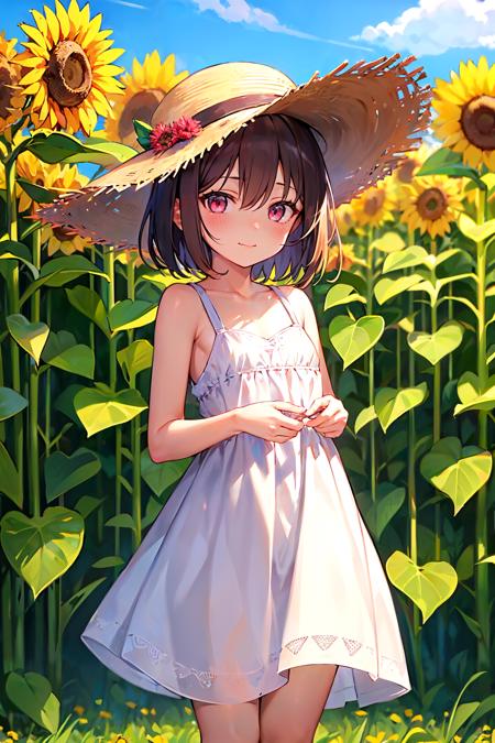 <lora:llenn-V4:1>altllenn, 1girl, solo, bangs, white high heels, brown hair, white sundress, straw hat, slight smile, hair between eyes, looking at viewer, pink eyes, short hair,  outdoors, sunflower field, standing, light blush, flat chest, upper body