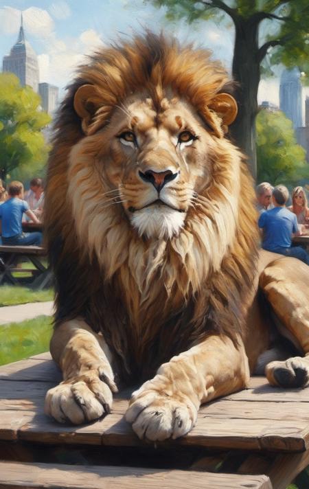 a majestic lion sits alert on a picnic table in a city park watching people