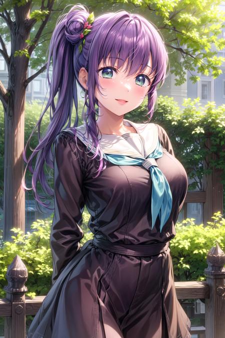 <lora:KozueV4:0.6>, (masterpiece, best quality, ultra-detailed), (illustration), (beautiful detailed eyes),
(1girl), (solo), (extremely detailed face), (beautiful detailed hair), thicc,
medium breasts, (0:1.1)
otomune kozue, green eyes, purple hair, (long hair), hair ornament, (side ponytail:1.3), flower
(outdoors, greenery :1.3), tareme, mature face, tareme
school uniform, white sailor collar, neckerchief, serafuku, long sleeves, sailor collar
(standing:1.2), (smile:1.2), (arms behind back:1.3), parted lips, blush, (cowboy shot:1.4), best quality, high resolution, unity 8k wallpaper,    <lora:tareme:0.4> <lora:add_detail:0.6>