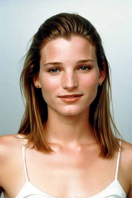 (CR-Bridg3tFonda-v2-summer4love263:0.9), face closeup portrait of young woman, slick hair, oiled shiny skin, grey background, (tilted pose shot:1.0),