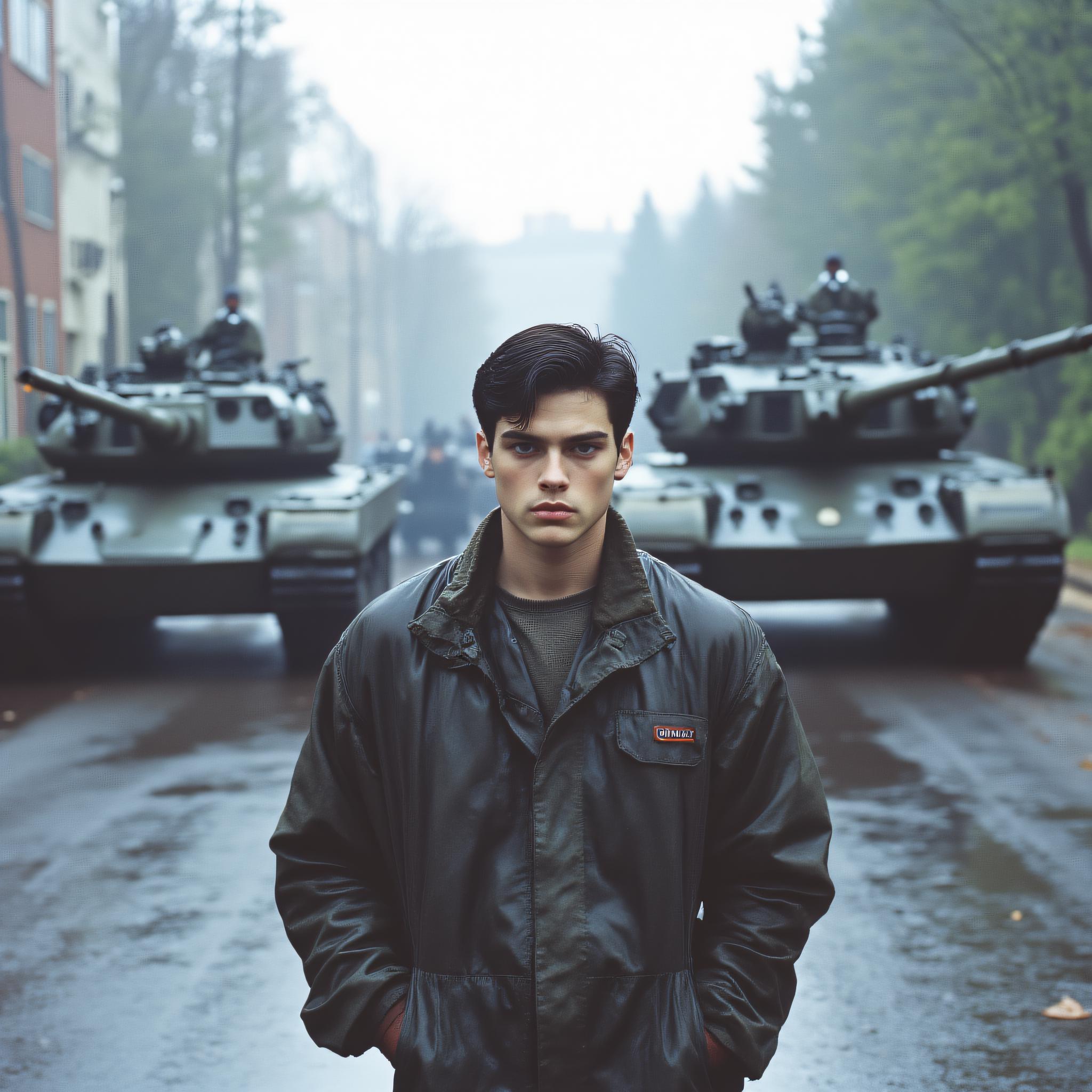 ArsMovieStill, movie still from a 1990s indie movie, The image shows a man standing in front of a group of tanks on a road surrounded by trees and a building in the background. The sky is visible above the trees and the road is wet from the rain., multiple boys, military, military vehicle, motor vehicle, ground vehicle, tree, jacket, realistic, black hair, male focus