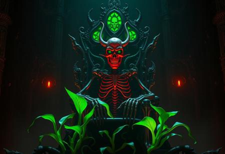 expert An intricate In the center, a skeletal automaton of aged steel glows with a ghastly viridian light. It wears a grotesque vermillion mask of demonic visage. It stands before a throne forged from bone and shadow, a nightmarish seat of power. Three vibrant emerald plants with serpentine vines entwine around its base, creating a haunting contrast. Cinematic lighting, deep shadows, richly detailed, gothic atmosphere, matte painting, octane render, trending on Artstation, unreal engine 5, golden ratio composition.