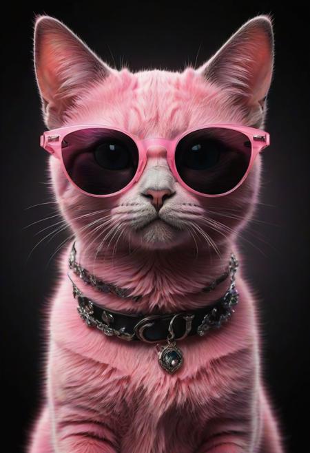 (best quality, 8K, high resolution, masterpiece), ultra detailed, (3D CGI), a beautiful pair of sunglasses, trendy, fashionable, pink, silver and black stylized Cat-eye shape, on a black background, countryside advertising, winning photo,