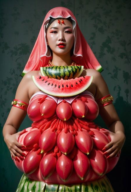 A waist up extremely erotic photograph, two sexy busty horny, temple priestesses l, are eating a watermelon, in the brand new shiney colorfully painted, sacred temple of Artemis.  Korean , Tropicalia retrofuturism, Leica M3, 50mm lens,