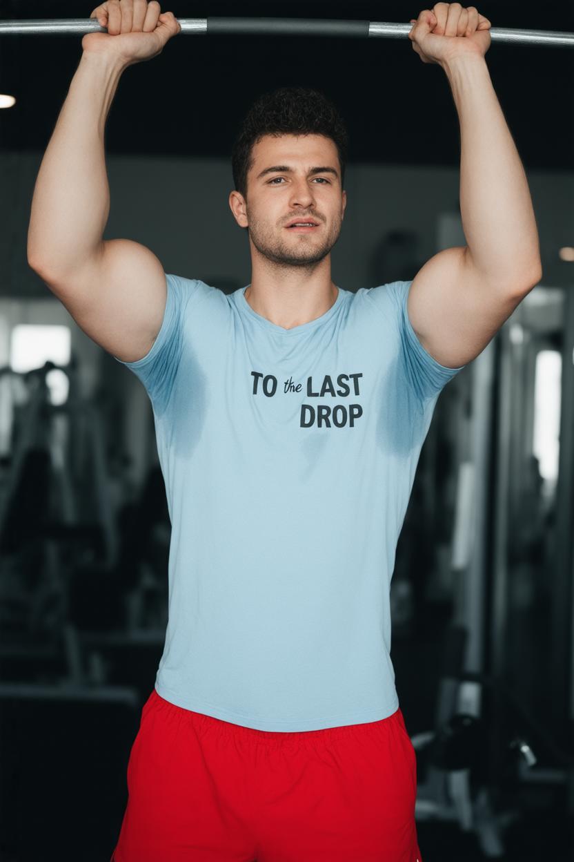 large wet sweat-spots-smudges on wet shirt wet armpit area. Professional photoshoot high definition photo from below, a handsome Greek man lifting weight in a gym. He has a lean normal body. He is wearing a cotton light-blue short sleeved shirt with sweat and red dropped shorts. The shirt has sweat-spots-smudges on the belly area and a large (sweat-spots-smudges on armpit:1.3) dripping sweat. His armpit hair is bushy and popping out of the shirt sleeves armhole, srpouting out. It's printed with big letter in the shirt is "TO THE LAST DROP".  His arms are half-extended as he lifts the weights above his head. His biceps are big and sweaty. The gym is well-equipped with various pieces of exercise equipment visible in the background. His detailed skin pores are moisture with wet sweat showing hair and exhaling a musk scent. <lora:Sweaty Shirt SD35 v1 HFix.safetensors:0.56:0.56>