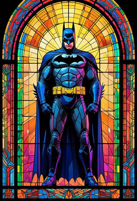 Neo-Impressionist, centered, Batman in a futuristic stained glass window, brooding action pose, art deco style, neon colors, symmetrical, maximalist, absurdres, accurate, refined, defined, highly detailed, cell-shading, follow negative prompts,