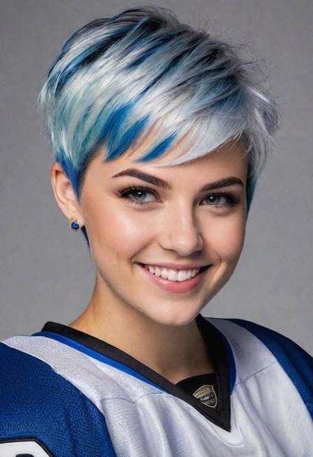 18 year old, medium sized, confident looking woman. White hair with blue highlights. Evil grin. Gold and black Ice Hockey gear. Short hair in a pixie cut.