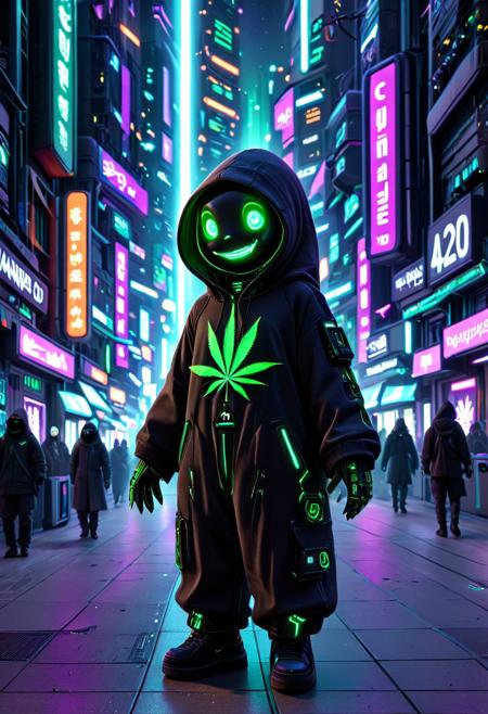 masterpiece, best quality, a cute futuristic ghost , on a cyberpunk city street at night, hemp style, black bias, aidmaImageUpgrader, 420futurism