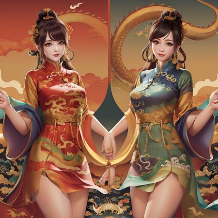 high quality, (dragon:1.2), (2girls:1.10), (taiji:1.2), longpao